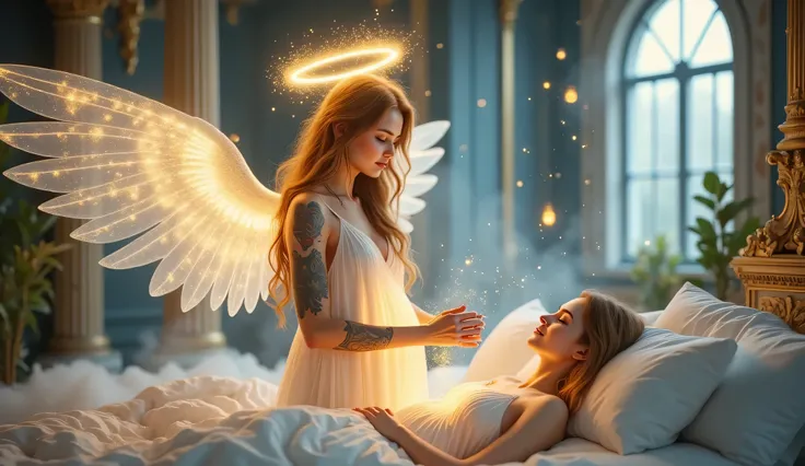 A divine female angel with glowing golden halo above her head, standing beside a pregnant woman lying peacefully in bed. The angel has long flowing blonde hair, large radiant white wings, and wears a glowing white gown. She gently hovers her hands over the...