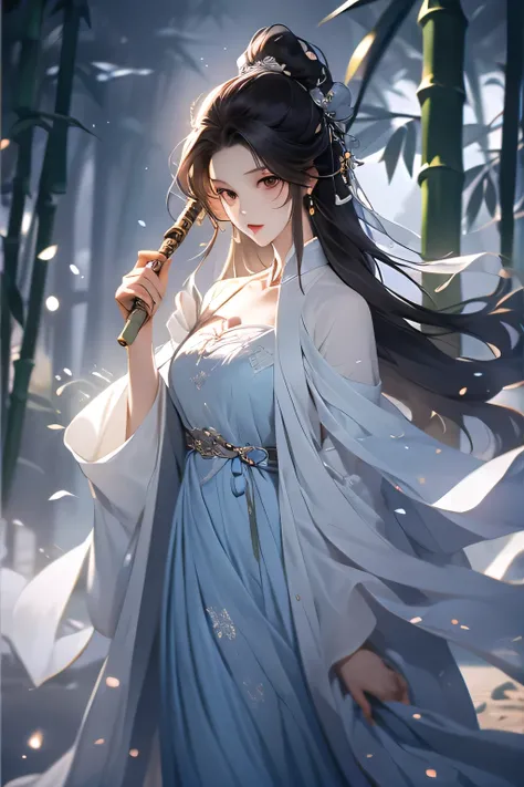 in a distant view,in a verdant bamboo forest,, the figure of a 30-year-old costume with a blue brocade dress with wide neck sleeves。, her cool white skin is like snow,with narrow eyebrows and long, upturned,, cool color, Tall Nose Beam ,Thin lips pursed sl...