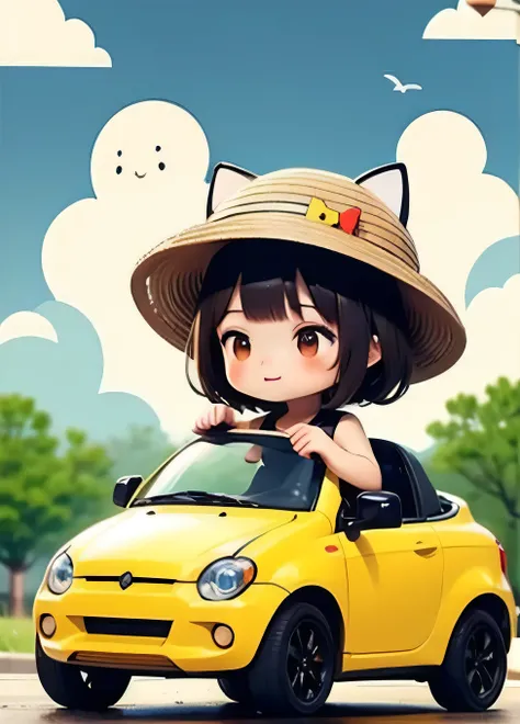 cute comic, 1 magica holding weapon, motor vehicle, tank, cat, hat, yellow, bangs, no nose, blush, cloud, sky
