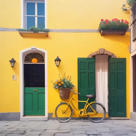 masterpiece, ultra detailed, beautiful, distinct, best aesthetic, super fine illustration, vibrant yellow wall, green shutters, striped awning, red flower pot, windowsill, orange bicycle, cobblestone ground, bright colors, vivid architecture, simple bicycl...