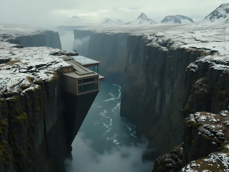 The Precipice Vault: the Last Refuge on the Edge of Oblivion. A remote mountain shanty, high up on Icelandic black mountains with charred white snow patches, encased in reinforced glass, galvanized steel rods, and “camouflaged RHA tank armor as futuristic ...