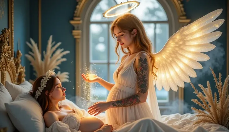 A divine female angel with glowing golden halo above her head, standing beside a pregnant woman lying peacefully in bed. The angel has long flowing blonde hair, large radiant white wings, and wears a glowing white gown. She gently hovers her hands over the...