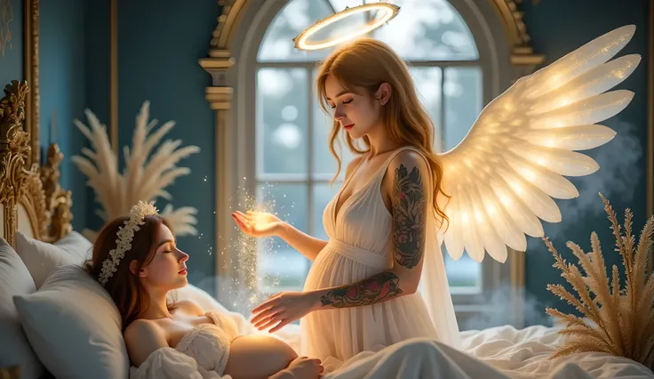 A divine female angel with glowing golden halo above her head, standing beside a pregnant woman lying peacefully in bed. The angel has long flowing blonde hair, large radiant white wings, and wears a glowing white gown. She gently hovers her hands over the...