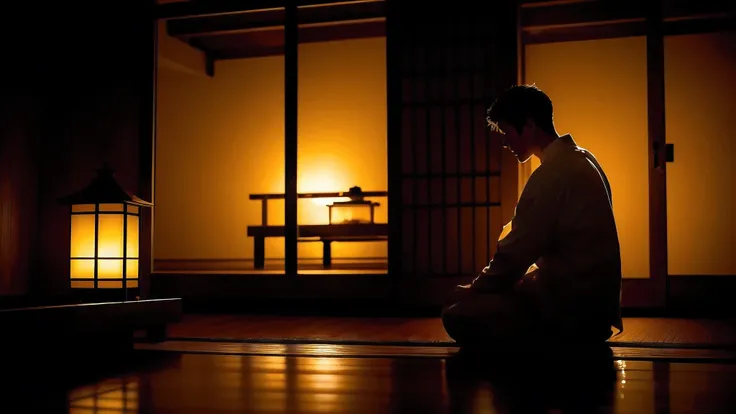 A young man steps into a warm, softly lit traditional Japanese room, drenched from the rain. Water drips from his clothes, puddling quietly at his feet. Behind him, rain cascades in shimmering sheets, a storm still raging outside. Ahead of him, the silhoue...