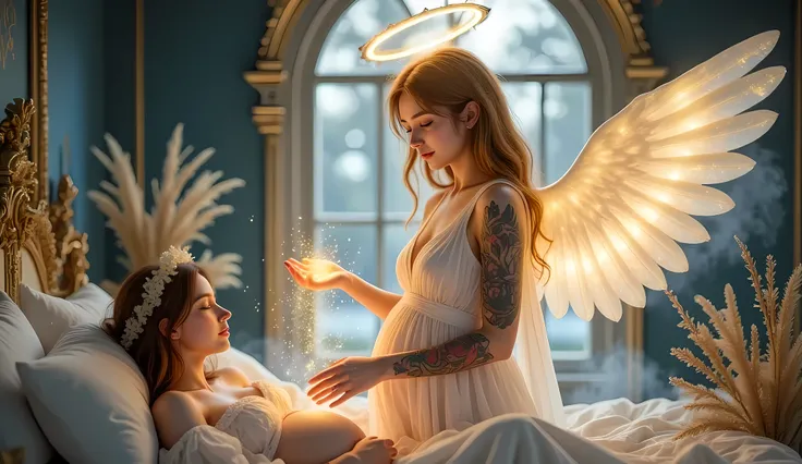 A divine female angel with glowing golden halo above her head, standing beside a pregnant woman lying peacefully in bed. The angel has long flowing blonde hair, large radiant white wings, and wears a glowing white gown. She gently hovers her hands over the...