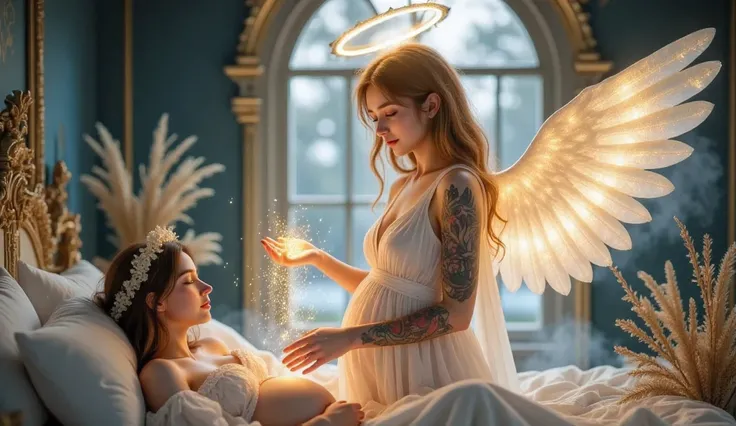 A divine female angel with glowing golden halo above her head, standing beside a pregnant woman lying peacefully in bed. The angel has long flowing blonde hair, large radiant white wings, and wears a glowing white gown. She gently hovers her hands over the...