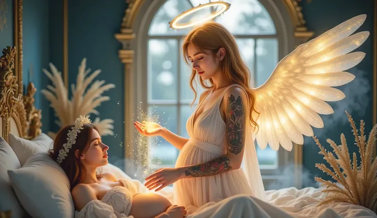 A divine female angel with glowing golden halo above her head, standing beside a pregnant woman lying peacefully in bed. The angel has long flowing blonde hair, large radiant white wings, and wears a glowing white gown. She gently hovers her hands over the...