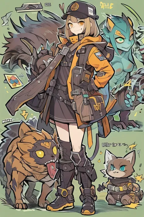 The companions of a boyish girl and a creepy and cute monster、anime-like、Adventurer、A determined smile、Brown hair with light blue mesh、Monocle with analytical abilities、sporty、Ouroboros ring emblem、Cat ears hat、 he is equipped with a mechanical gauntlet in...