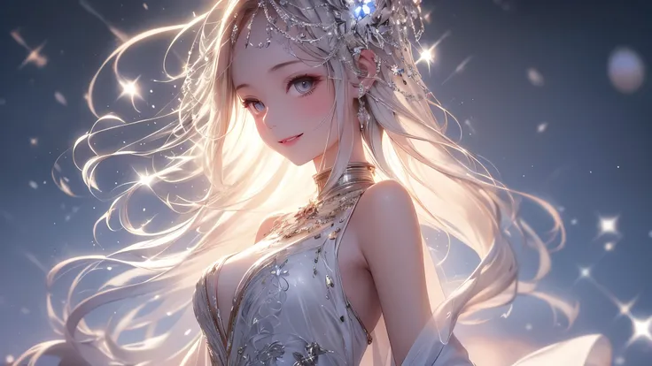 (masterpiece),(4K),High Quality,(small breasts),1 girl、 woman, Long Silver Hair ,pale skin,smile, beautifully detailed grey eyes, ( high-definition and elegant ),( white cape let fashion), Magical Color and Atmosphere, detailed skin from sleeve to chest,(C...