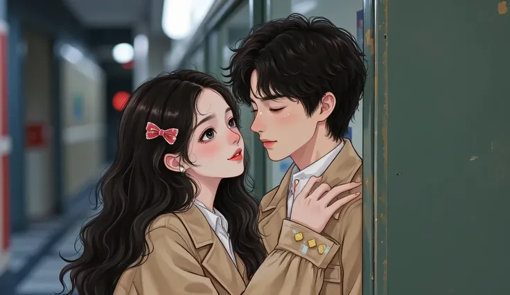 A beautiful high school girl with soft long black hair and delicate features, wearing a school uniform, leaning against a wall with a slightly mischievous and shy expression, being cornered by a handsome bad-boy student with messy hair and a band-aid on hi...