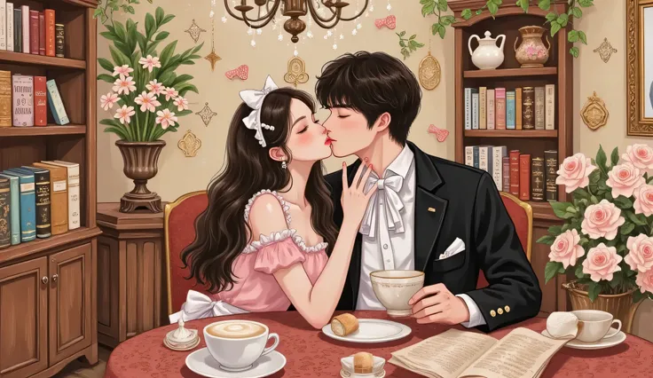A romantic anime-style scene of a young couple kissing inside a themed cosplay café. The café is cozy and stylish, decorated with fantasy elements like bookshelves, chandeliers, and vintage teacups. The girl wears a cute maid cosplay outfit, with a frilly ...