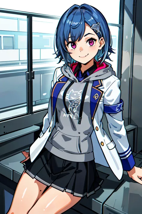 ((best quality, masterpiece, extremely detailed)), 1girl, smiling, solo, grey hoodie, fang, blue hair, skin fang, blazer, short hair, white jacket, mole on thigh, bangs, black skirt, hair behind ear, black socks, collared shirt, purple eyes, pleated skirt,...