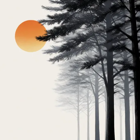 A striking black and white graphic design illustration with no background, featuring a solitary, tall pine tree rendered with sharp angles. The tree's branches twist upwards in a dynamic composition, its silhouette stark against the void. with a brush pain...