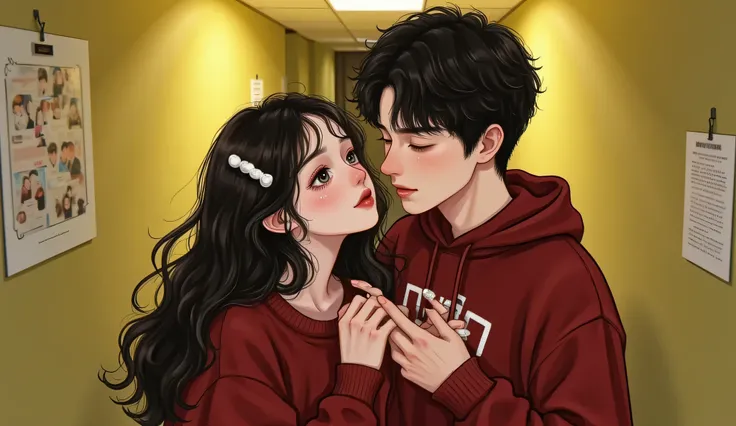 "A dramatic romantic scene in a school hallway at night: a tall, handsome bad-boy male student with messy black hair and cold eyes is pinning a delicate-looking female student with long black hair against the wall. His arm is on the wall above her shoulder...