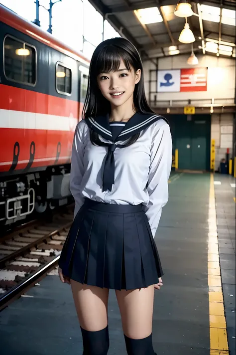 train garage、 Japanese High School Girls , black hair, black high socks, long hair ,sailor、女子高校生のsailor服、happy smile、She's happy with her teeth、Train depot、