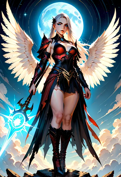 female, sorceress, casting divine spell, full body, aasimar, female, white large feathered wings, silver hair, blue eyes, determined face, divine light, intense eyes, ultra feminine, ultra detailed face, (Masterpieceת intense details:1.5), wearing red arm...