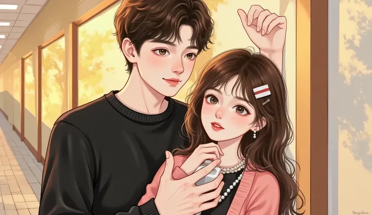 A semi-realistic, manhwa-inspired romantic scene set in a quiet high school hallway right after class. The male character is pinning the female lead against the wall with one hand, but they are not touching — there is a clear distance between them. The gir...