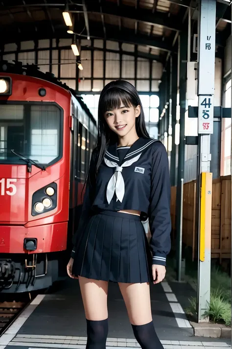 train garage、 Japanese High School Girls , black hair, black high socks, long hair ,sailor、女子高校生のsailor服、happy smile、She's happy with her teeth、Train depot、vaporwave