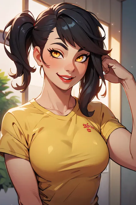 perfect face, glowing golden eyes, (wink), feminine, black hair, (side ponytail), medium hair, black thin eyebrows, nose, lips, red lips, smile, t-shirt, scoop t-shirt, yellow t-shirt, medium breasts, looking at viewer