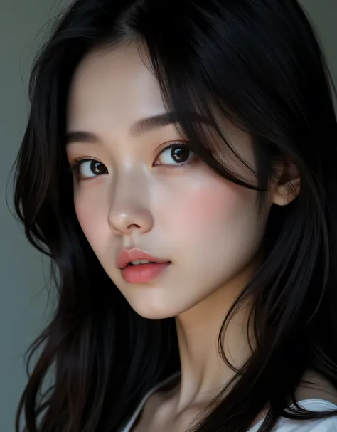 Close-up details, realistic style photo Japanese young woman, black hair, long hair, outstanding style, tall, cute, in her s. Use soft lighting to cast gentle shadows on the subject, adding a touch of dimension to your images without compromising details, ...