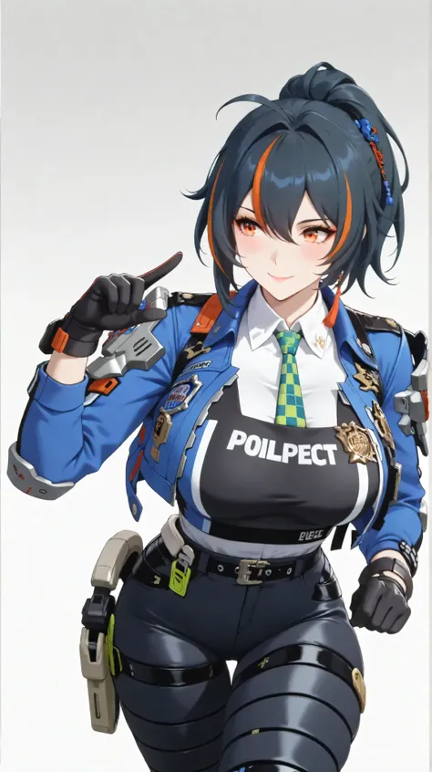 masterpiece, extremely detailed,perfect skin texture,4k,solo,1girl ,zhu yuan,smile,stand up,sexy pose,ponytail streaked hair,blush,police uniform, blue jacket, cropped jacket, long sleeves, black vest, two-tone vest, black gloves, green necktie, plaid neck...