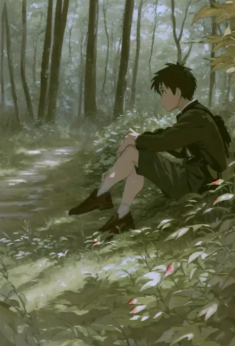 Ghibli in the woods and a age boy sitting under a tree wearing a black jacket of cream-coloured shorts and a brown shirt and wearing a black coloured sling bag was enjoying the view