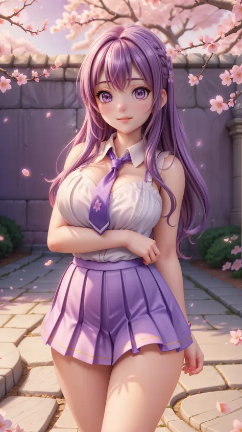 Ultra-realistic, hyper-detailed, 8K, photorealistic, vivid, masterpiece, shiny skin, firm skin, cute, very big hip, Nakamura Yuri from Angel Beats!, long flowing purple hair, beautiful sparkling purple eyes, slender yet curvy body, no bra, wearing her icon...
