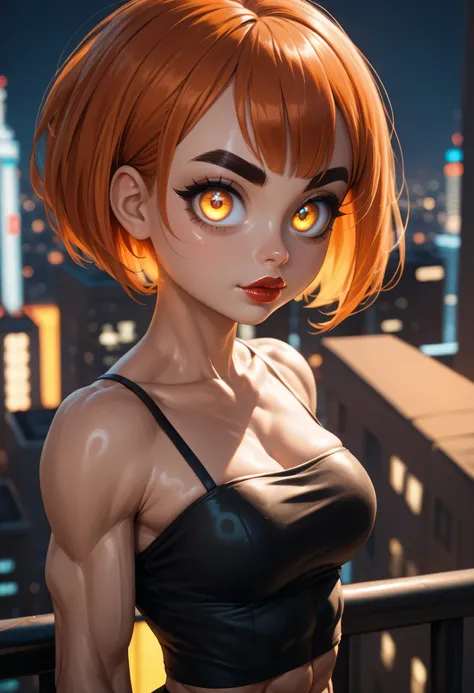 (cityscape:1.3), 1girl, ((short hair)), ((orange hair)), ((black eyebrows, thick eyebrows)), ((glowing golden eyes)), ((big eyes)), ((thick lipstick)), ((perfect face, beautiful girl)), ((muscular female)), (tube top, black tube top), from side, looking at...