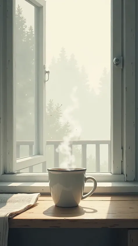 a steaming coffee mug placed on a wooden table beside an open window, soft morning fog outside, natural light casting gentle shadows, slightly wrinkled newspaper next to it, shallow depth of field, peaceful and cinematic atmosphere

