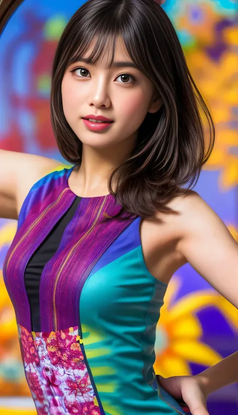 (masterpiece,highest quality),seamlessly blends the vibrant personality of the girl with the natural beauty of the leaves. As she dances through (a kaleidoscope of colors and patterns), the leaves react and mirror her movements with mesmerizing fractal des...