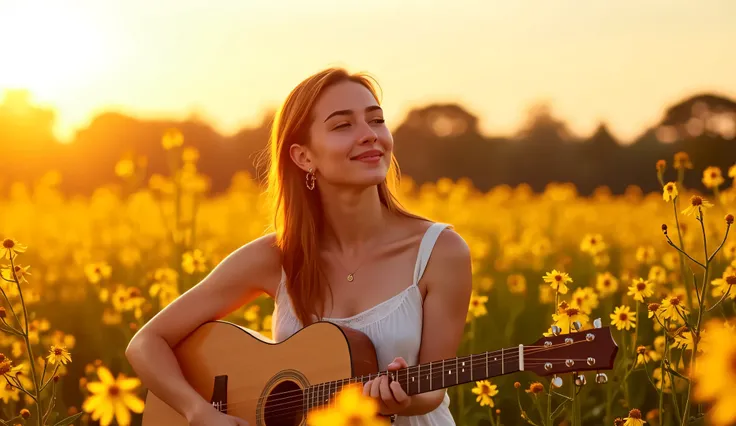 A young woman sitting in a field of blooming yellow wildflowers during golden hour, playing an acoustic guitar, worshiping in nature, with the sun low in the sky behind her, warm backlight, glowing sun rays, serene expression, flowing dress, peaceful and s...