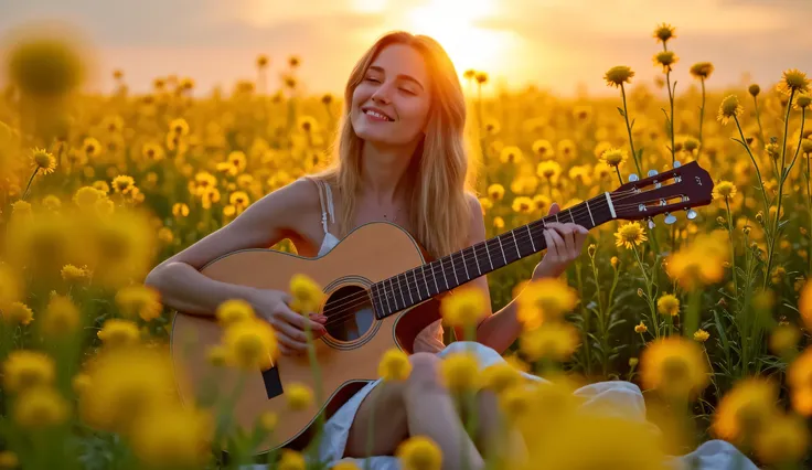 A young woman sitting in a field of blooming yellow wildflowers during golden hour, playing an acoustic guitar, worshiping in nature, with the sun low in the sky behind her, warm backlight, glowing sun rays, serene expression, flowing dress, peaceful and s...