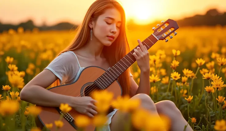A young woman sitting in a field of blooming yellow wildflowers during golden hour, playing an acoustic guitar, worshiping in nature, with the sun low in the sky behind her, warm backlight, glowing sun rays, serene expression, flowing dress, peaceful and s...