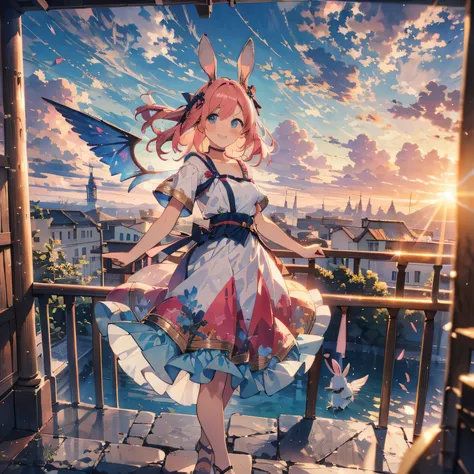 face in detail、Clouds float in the sky , The sunset dyed her wings red , The girl smiled happily , long flowing pink hair 。 She wore ancient Roman sandals , dynamic hair texture blurred , like a movie shot 。 is a masterpiece ,High Quality Graphics,...