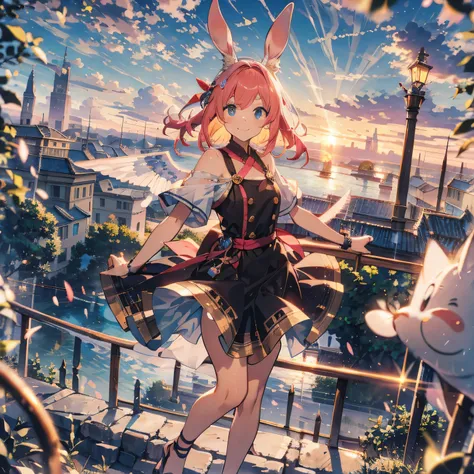 face in detail、Clouds float in the sky , The sunset dyed her wings red , The girl smiled happily , long flowing pink hair 。 She wore ancient Roman sandals , dynamic hair texture blurred , like a movie shot 。 is a masterpiece ,High Quality Graphics,...
