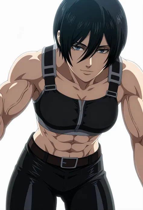 anime coloring, anime screencap, mikasa ackerman, 1girl, solo, short hair, black hair, towards viewer, badass, closed mouth, black sport bra, , belt, black pants, standing, cowboy shot, reaching towards viewer,, white background, simple background, masterp...