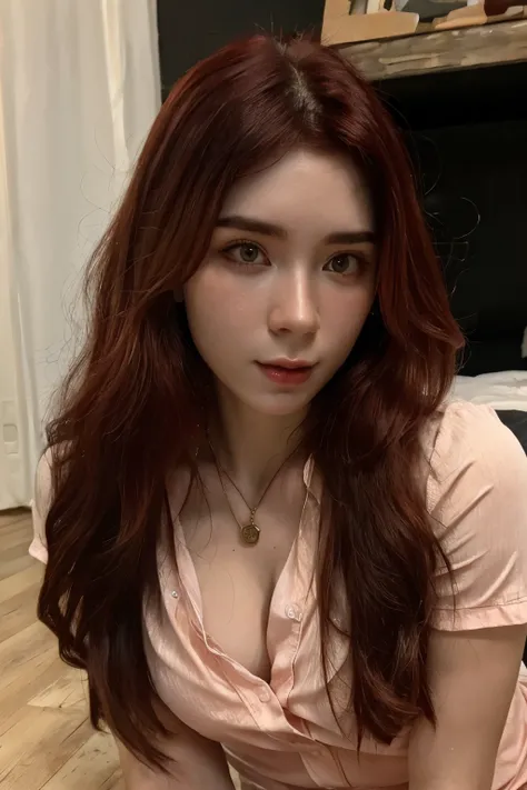((Masterpiece, high quality, super detailed, 8k, RAW Photo, hyper-realistic)), 1 girl, long wavy hair, ((red ombre hair)), Perfect face, baby face ((lying silkworm eyes)), shinny skin, open shirt, in the bedroom, (sitting under the floor), look at the came...