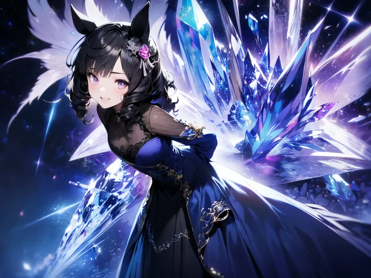 (Solo: 1.5), (Adult Female: 1.5), (Horse Ears: 1.5), (Small Face, Full Body, Big : 1.5), (Big Visible Through Clothes), (Arms Hidden Behind Back: 1.5), (Leaning Forward: 1.5), (Looking at Camera), (Sexy Toothy Smile: 1.5), (Long Black Hair: 1.5), (Blue Se...