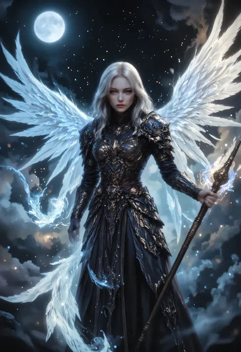 female, sorceress, casting divine spell, full body, aasimar, female, white large feathered wings, silver hair, blue eyes, determined face, ultra detailed face, best detailed face, divine light, intense eyes, ultra feminine, ultra detailed face, (Masterpie...