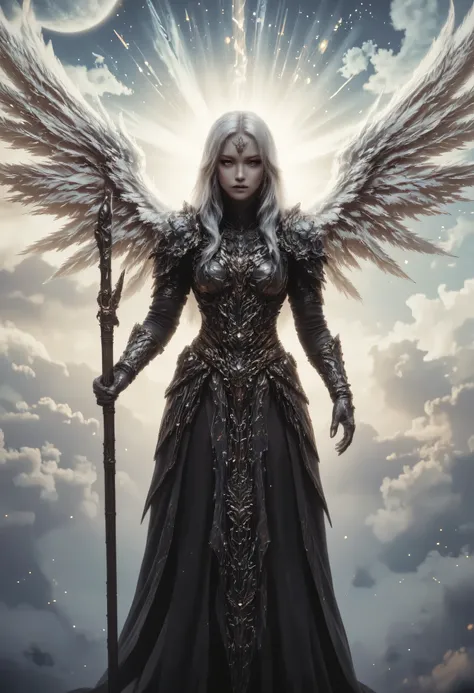 female, sorceress, casting divine spell, full body, aasimar, female, white large feathered wings, silver hair, blue eyes, determined face, ultra detailed face, best detailed face, divine light, intense eyes, ultra feminine, ultra detailed face, (Masterpie...