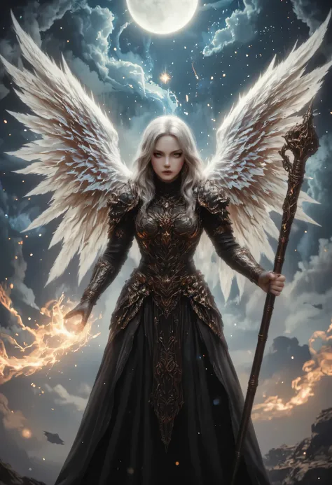 female, sorceress, casting divine spell, full body, aasimar, female, white large feathered wings, silver hair, blue eyes, determined face, ultra detailed face, best detailed face, divine light, intense eyes, ultra feminine, ultra detailed face, (Masterpie...