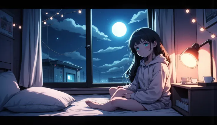 "A cozy, serene scene of a chill anime girl in her bedroom at night. She’s sitting by a window, gazing outside at the moonlit sky, with soft light from a desk lamp casting gentle shadows. The room is warmly lit with string fairy lights and pillow cushions ...