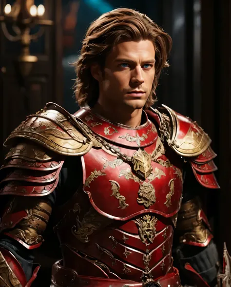 A General, he has blue eyes and brown hair. He is wearing full red armour. Realistic with cinematic vibe.