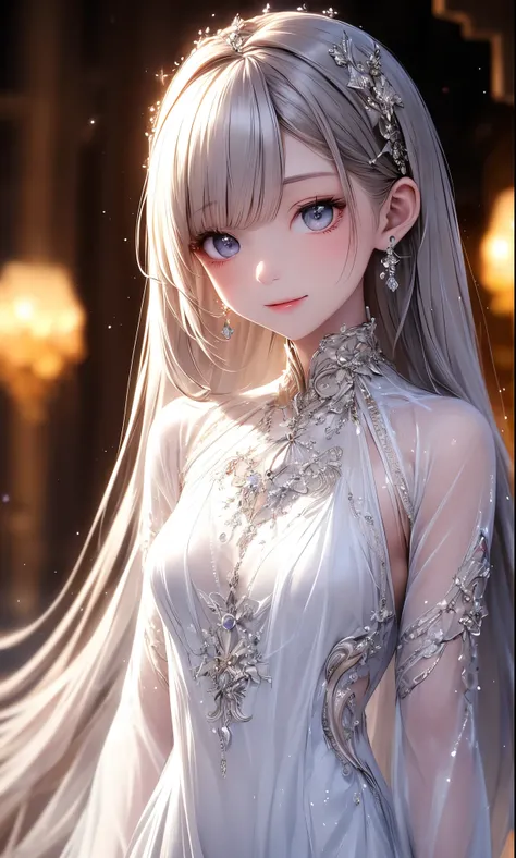 (masterpiece),(4K),High Quality,(small breasts),sexy girl、Sexy Saint , Long Silver Hair ,pale skin,smile, beautifully detailed grey eyes, ( high-definition and elegant ),( white cape let fashion), Magical Color and Atmosphere, detailed skin from sleeve to ...