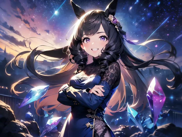 (Solo: 1.5), (Mature: 1.5), (Horse ears: 1.5), (Small face, chubby, big breasts: 1.5), (Big breasts visible through clothes), (Arms crossed: 1.5), (Leaning forward: 1.5), (Looking at camera), (Sexy toothy smile: 1.5), (Long black hair: 1.5), (Blue see-thro...
