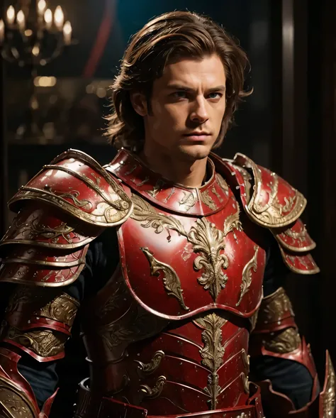 A General, he has blue eyes and brown hair. He is wearing full red armour. Realistic with cinematic vibe.