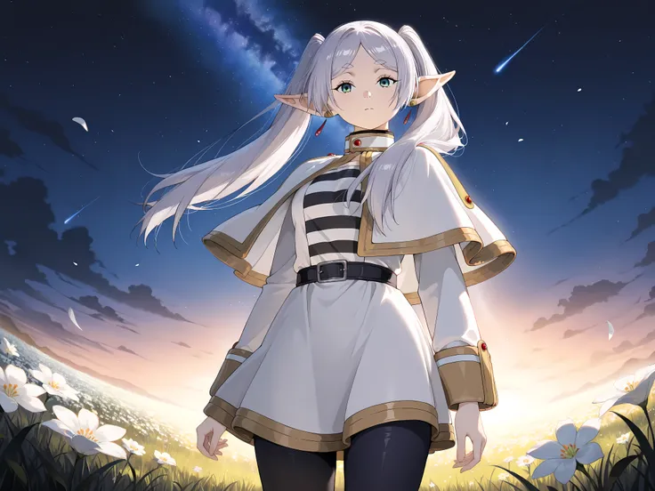 solo, female focus, 1 girl - Frieren from Frieren, grey hair, long hair, green eyes, twintails, parted bangs, earrings, pointy ears, frieren, elf, capelet, black pantyhose, boots, striped, night sky, night time, outdoors, grass field, white flowers, high d...