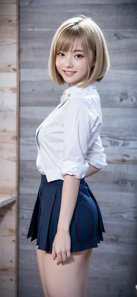 real, blonde bob cut:1.3, kawaii:1.3, baby face, masterpiece, best quality, Super detailed, fine details, High resolution, 8K,wall paper, perfect dynamic composition,(Details High quality, realistic depiction of eyes:1.3), from side, High School Classroom、...