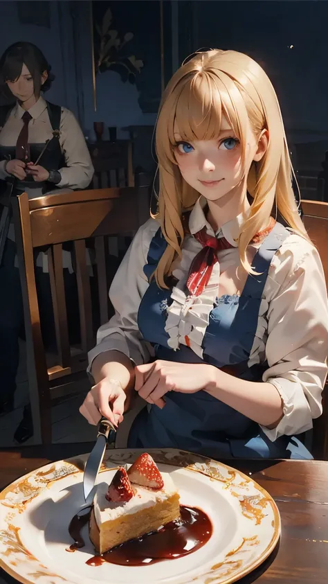 illustrations, top quality, dramatic lighting, (ruffle dress, musket ) ,masterpiece, top quality, Ultra Details, photorealistic depiction of the John Wick version of Alice in Wonderland, one hand(pistol)Handle , Red High Quality Chair , She wears a blue...