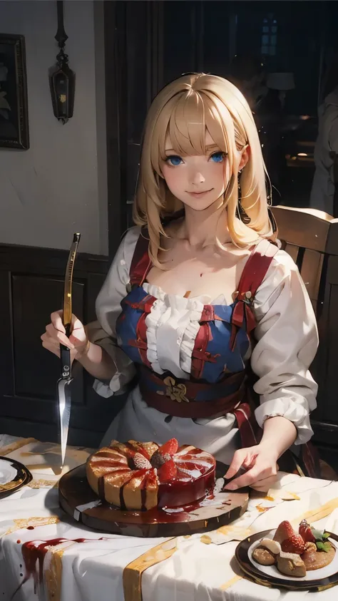illustrations, top quality, dramatic lighting, (ruffle dress, musket ) ,masterpiece, top quality, Ultra Details, photorealistic depiction of the John Wick version of Alice in Wonderland, one hand(pistol)Handle , Red High Quality Chair , She is wearing a...
